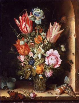 フラワーズ Painting - ボシャールト・アンブロジウス 花と貝殻のある静物画